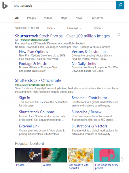 Bing adds popular contennt tab