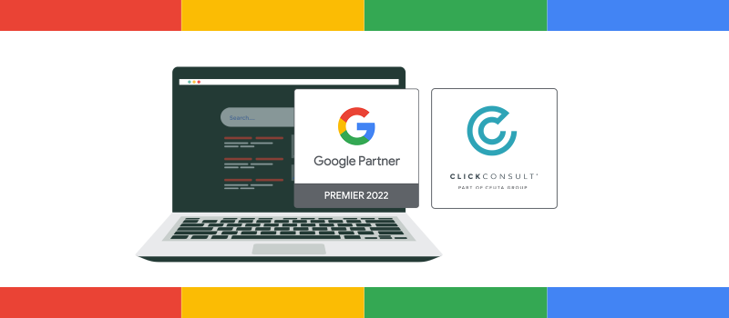 Google Partner logo and Click Consult logo alongside a laptop