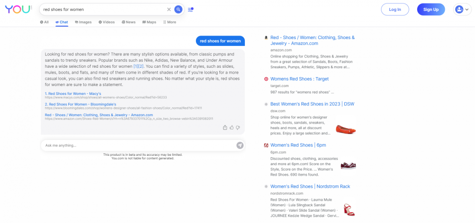 search results page for 'red shoes for women' from ai search engine 'you'